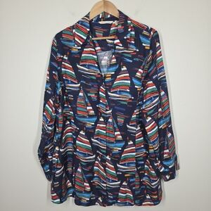 Soft Surroundings Navy Blue Multicolor Sailboat Nautical Sail Button Up Top XL